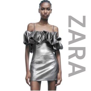 ZARA Voluminous Ruffle Silver Metallic Mini Dress, Spaghetti Straps, Siz…